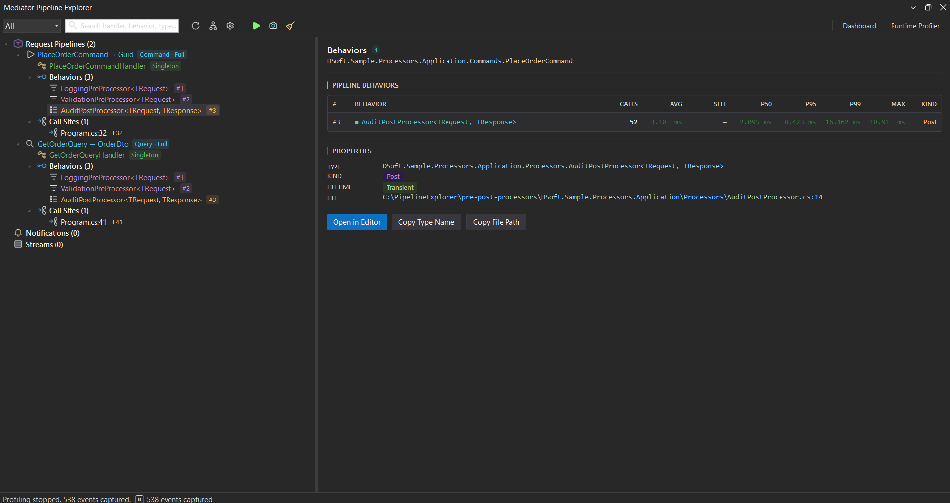 Detail for a single behavior: its runtime-stats row plus a properties panel with type, kind, lifetime, file path, and Open in Editor / Copy buttons