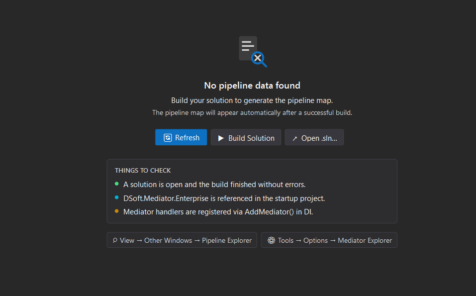Pipeline Explorer empty state: 'No pipeline data found' with Refresh, Build Solution and Open .sln buttons and a 'Things to check' checklist