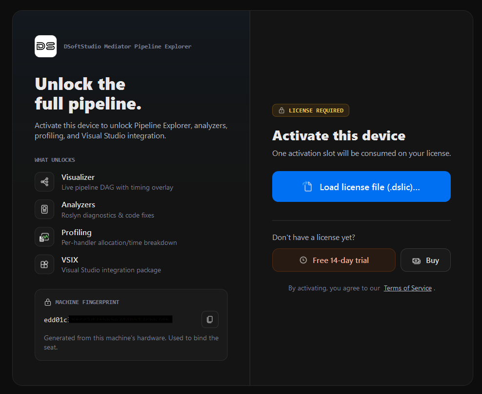 License activation screen: 'Unlock the full pipeline', a list of what unlocks (Visualizer, Analyzers, Profiling, Visual Studio integration), the machine fingerprint, and buttons to Load license file (.dslic), open the Pricing page for a trial, or Buy