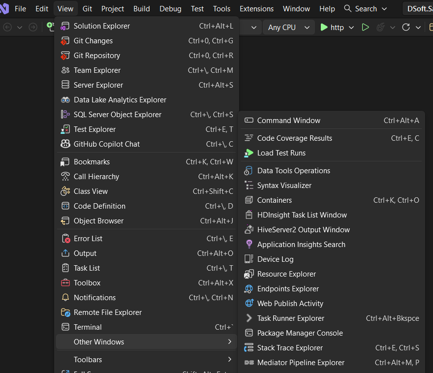 Visual Studio View menu with the Other Windows submenu open and Mediator Pipeline Explorer listed