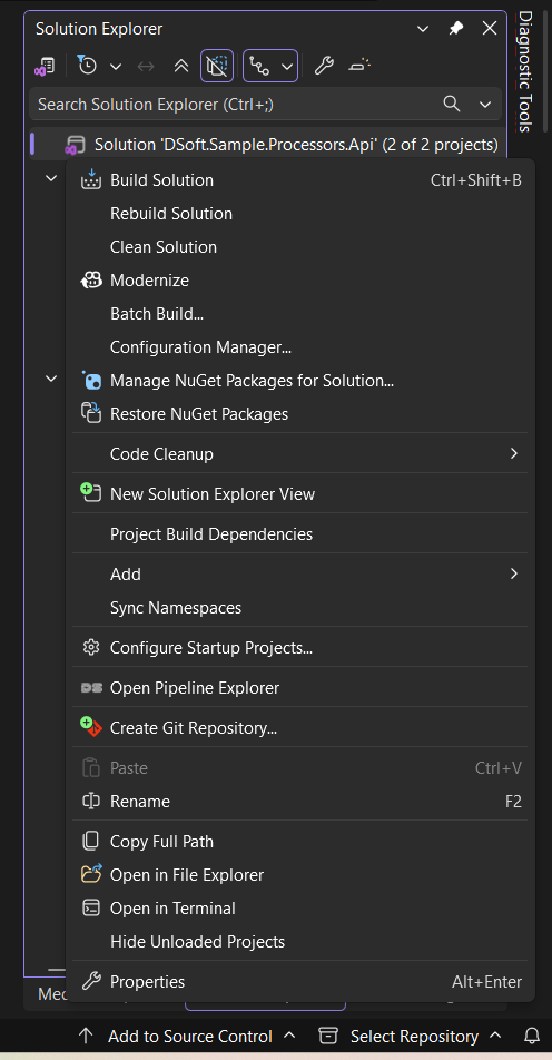 Solution Explorer right-click context menu on the solution node showing the Open Pipeline Explorer command
